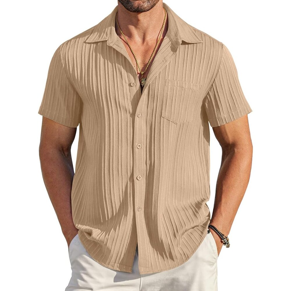 Men's Tan Casual Button Down Shirts Short Sleeve Textured Summer Beach Shirt